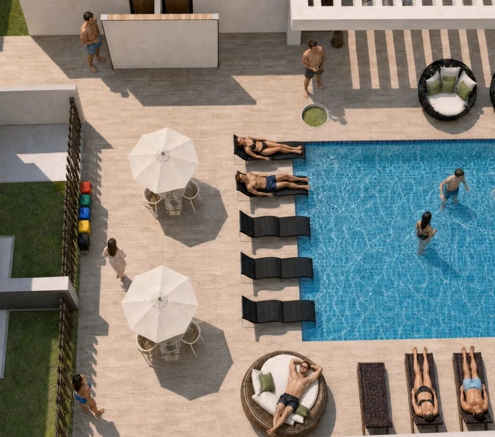 Piscina y área social vista desde arriba